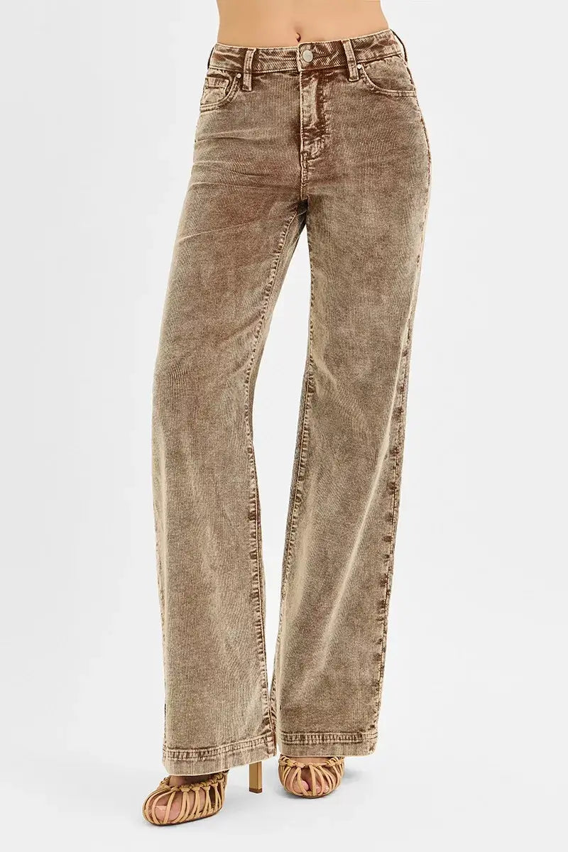 RISEN High Rise Wide Leg Corduroy Jeans in brown, featuring a flattering high-rise waist and soft corduroy fabric.