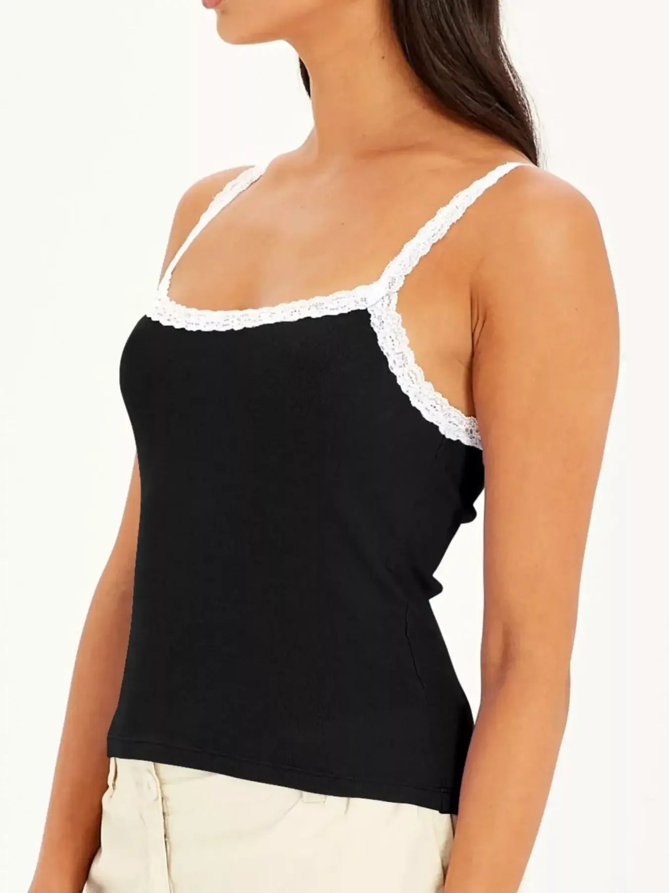 Lace Detail Contrast Trim Cami – Elegant black cami top with delicate lace detail and contrast trim.