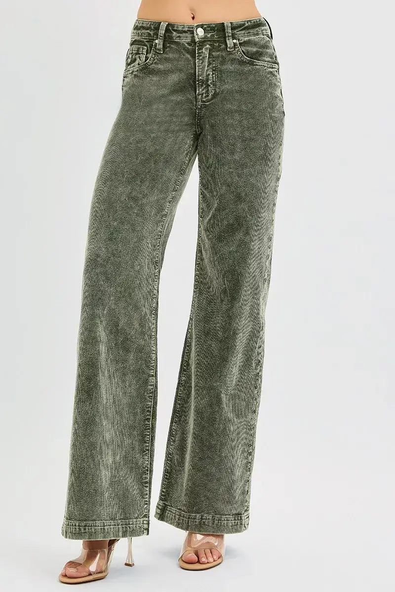 RISEN Full Size High Rise Wide Leg Corduroy Jeans in olive green, offering retro-inspired style and modern comfort.