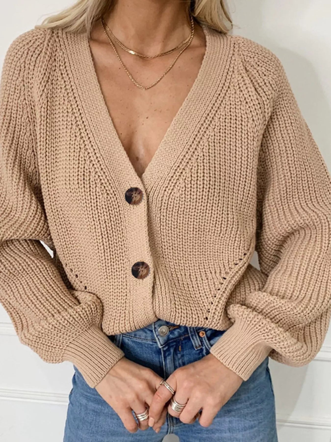 Chunky Knit Button Down Cardigan in beige, featuring cable-knit design and buttoned front, perfect for cozy layered style.