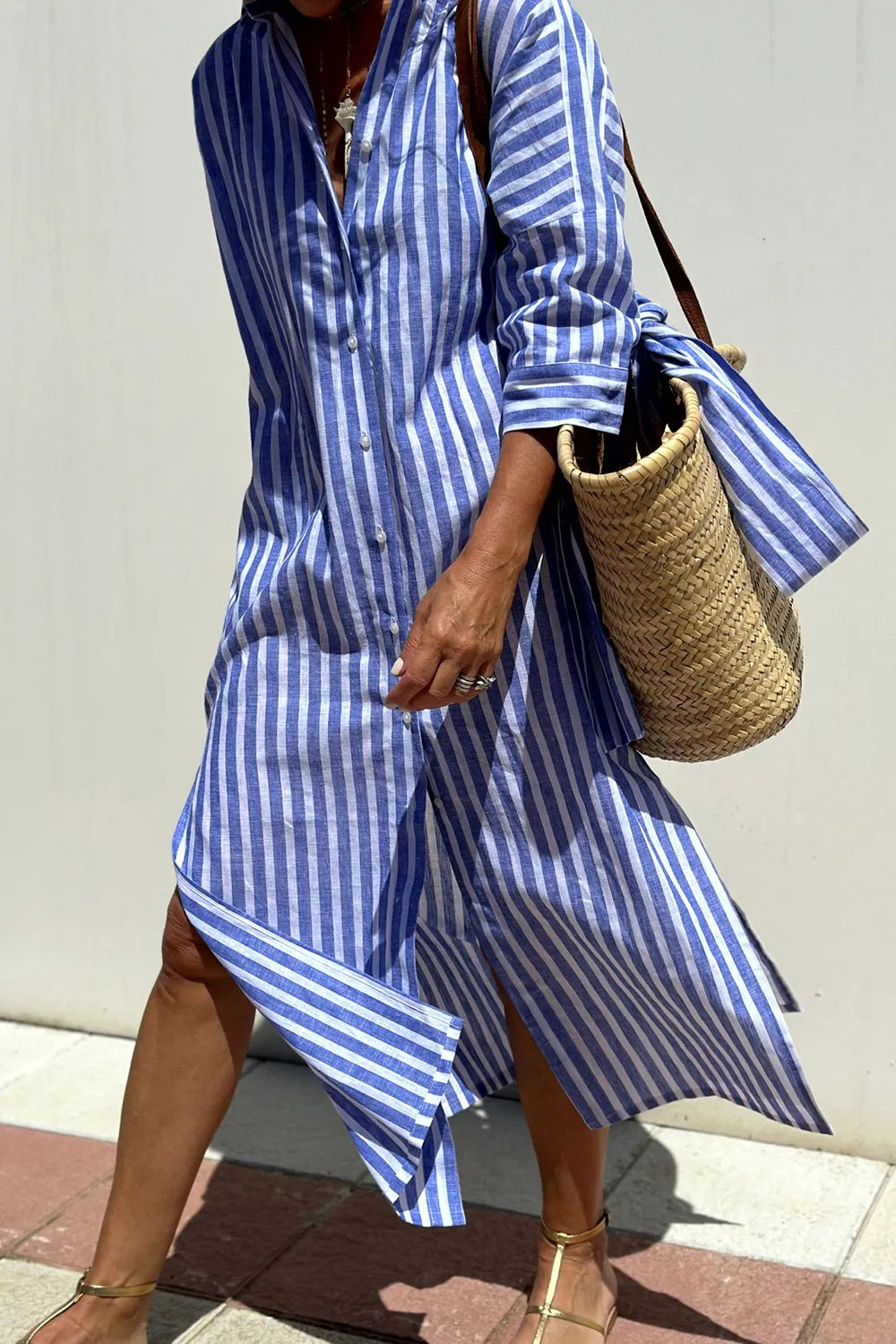 Tied Button Up Three-Quarter Sleeve Dress for Women, blue striped design, perfect for summer outings.