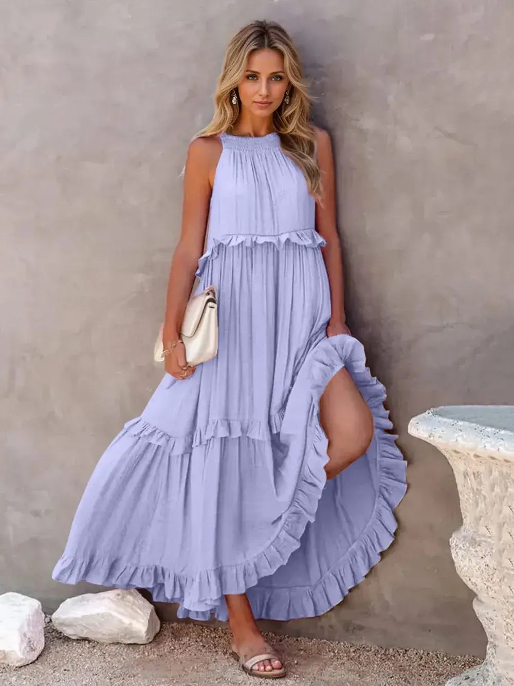 Ruffled Sleeveless Tiered Maxi Dress with Pockets in light purple, featuring ruffles and pockets, perfect for casual occasions.