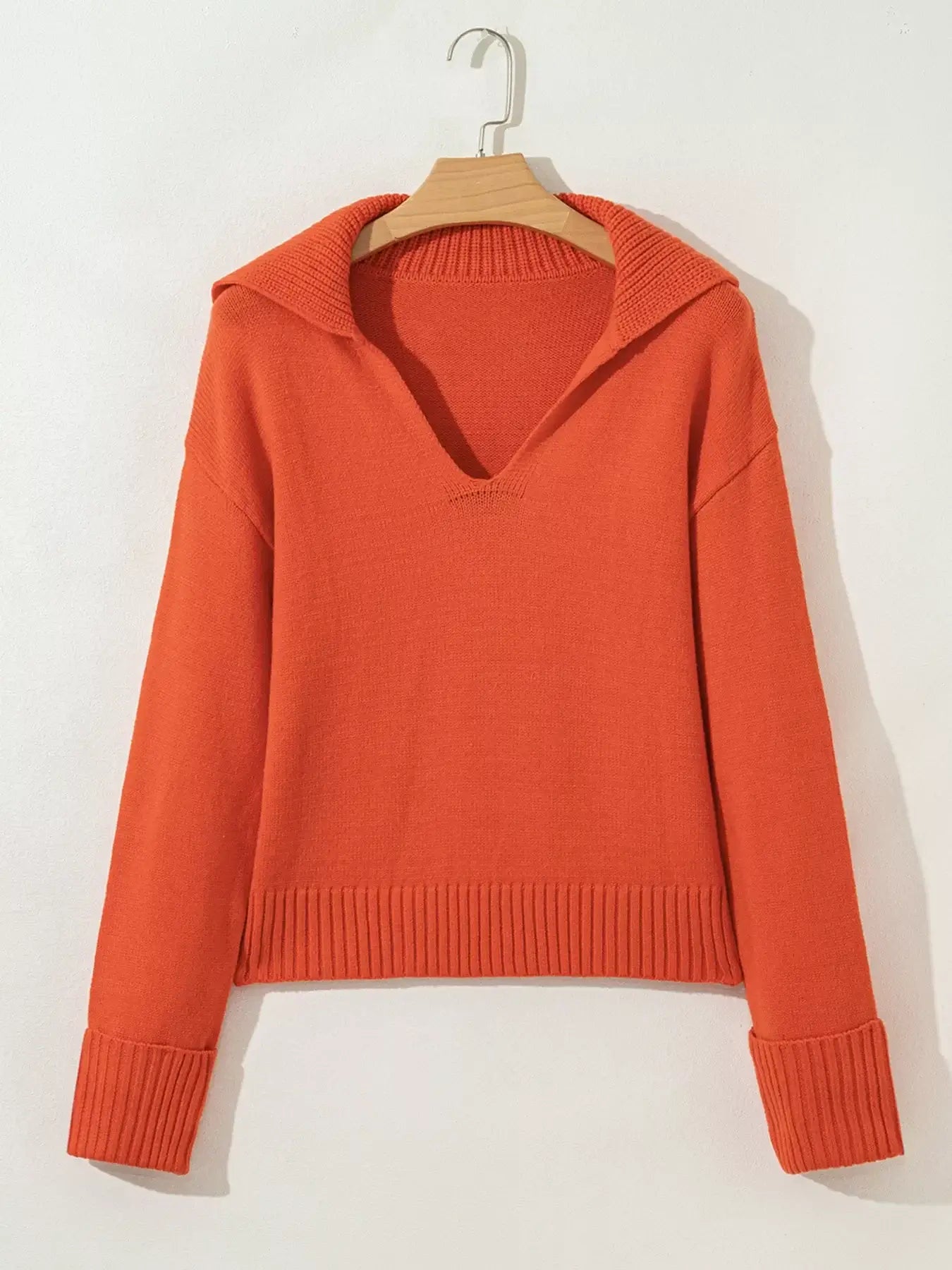 Collared V Neck Ribbed Edge Sweater in vibrant orange color, showcasing a stylish ribbed design and flattering V-cut.