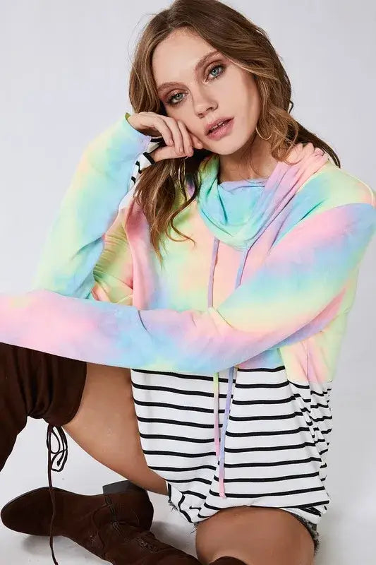 BiBi Tie Dye French Terry Cowl Neck Top in pastel colors with striped bottom, stylish and casual outfit for women.