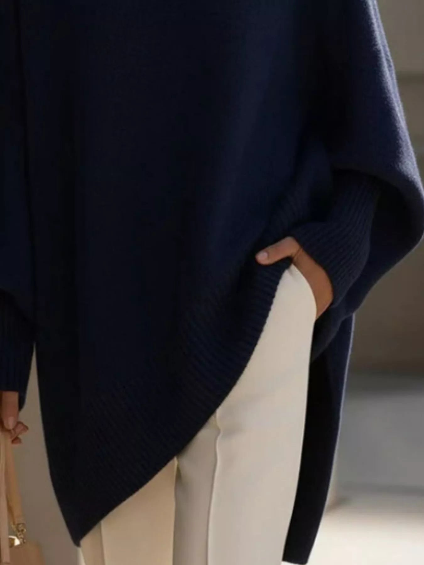 Oversized Batwing Sleeve Knit Sweater for Women in navy, featuring ribbed details and slightly stretchy fabric.