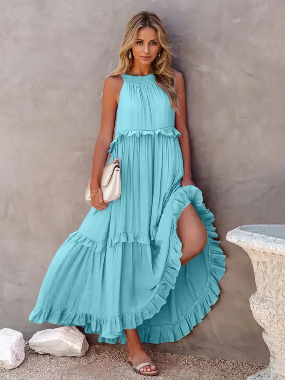Ruffled Sleeveless Tiered Maxi Dress with Pockets in turquoise, featuring flowing ruffles and pockets, perfect for casual outings.