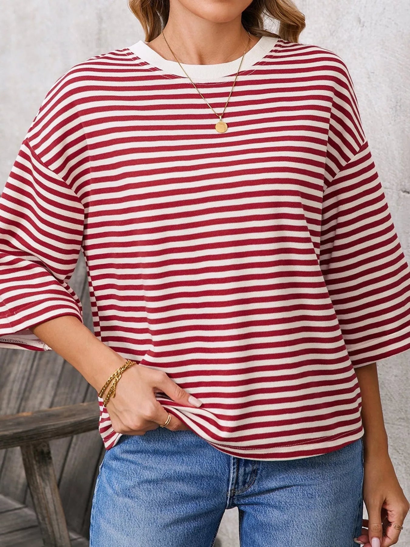 Striped Back Bow Tie T-Shirt featuring stylish red and white stripes, ideal for casual everyday wear.