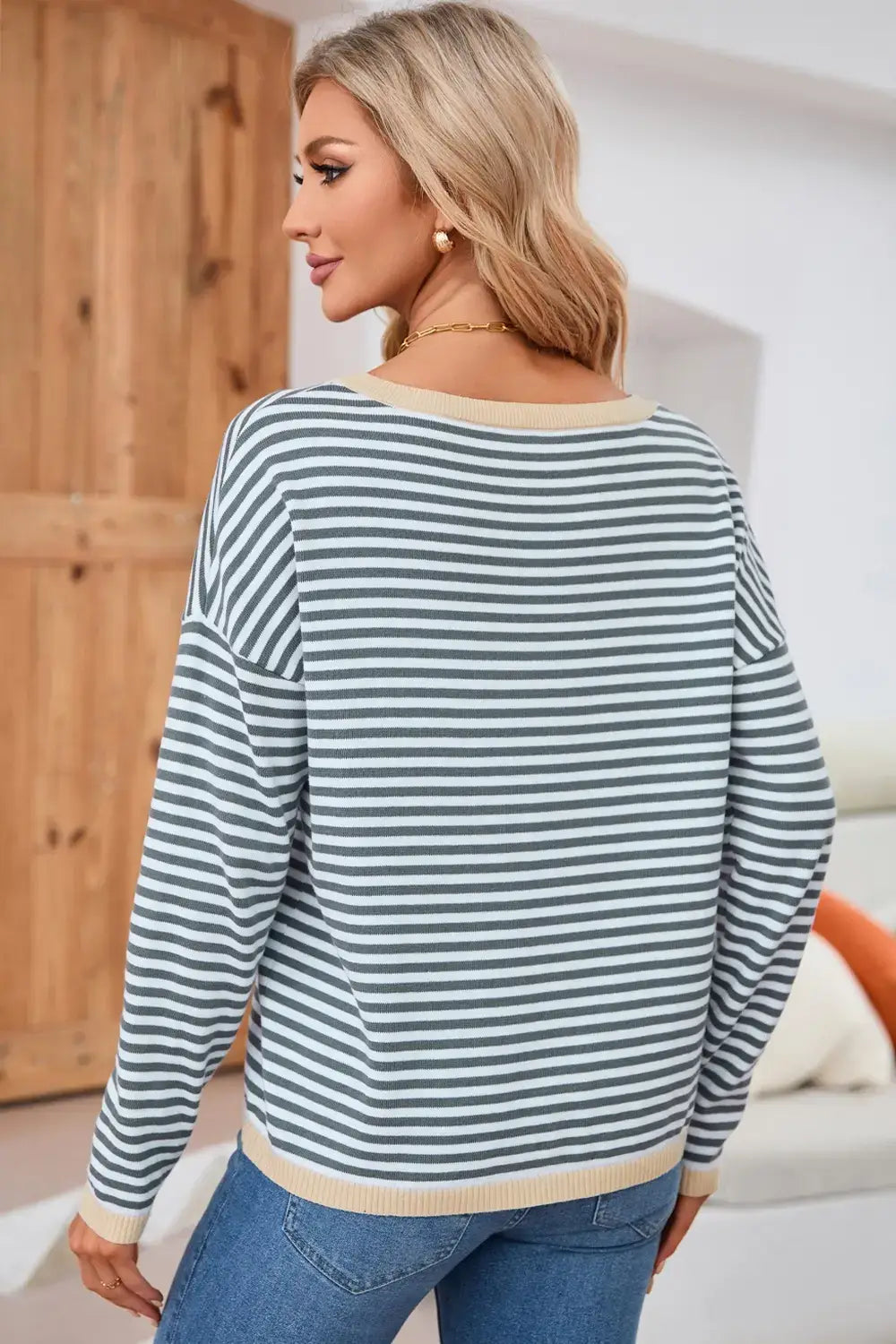 Striped Round Neck Drop Shoulder T-Shirt – Casual & Stylish, showcasing the back view with relaxed fit and flatters silhouette.