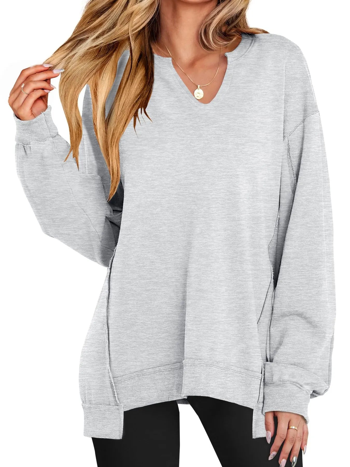 Notched Long Sleeve Oversized Sweatshirt in gray with contrast stitching, perfect for casual wear.