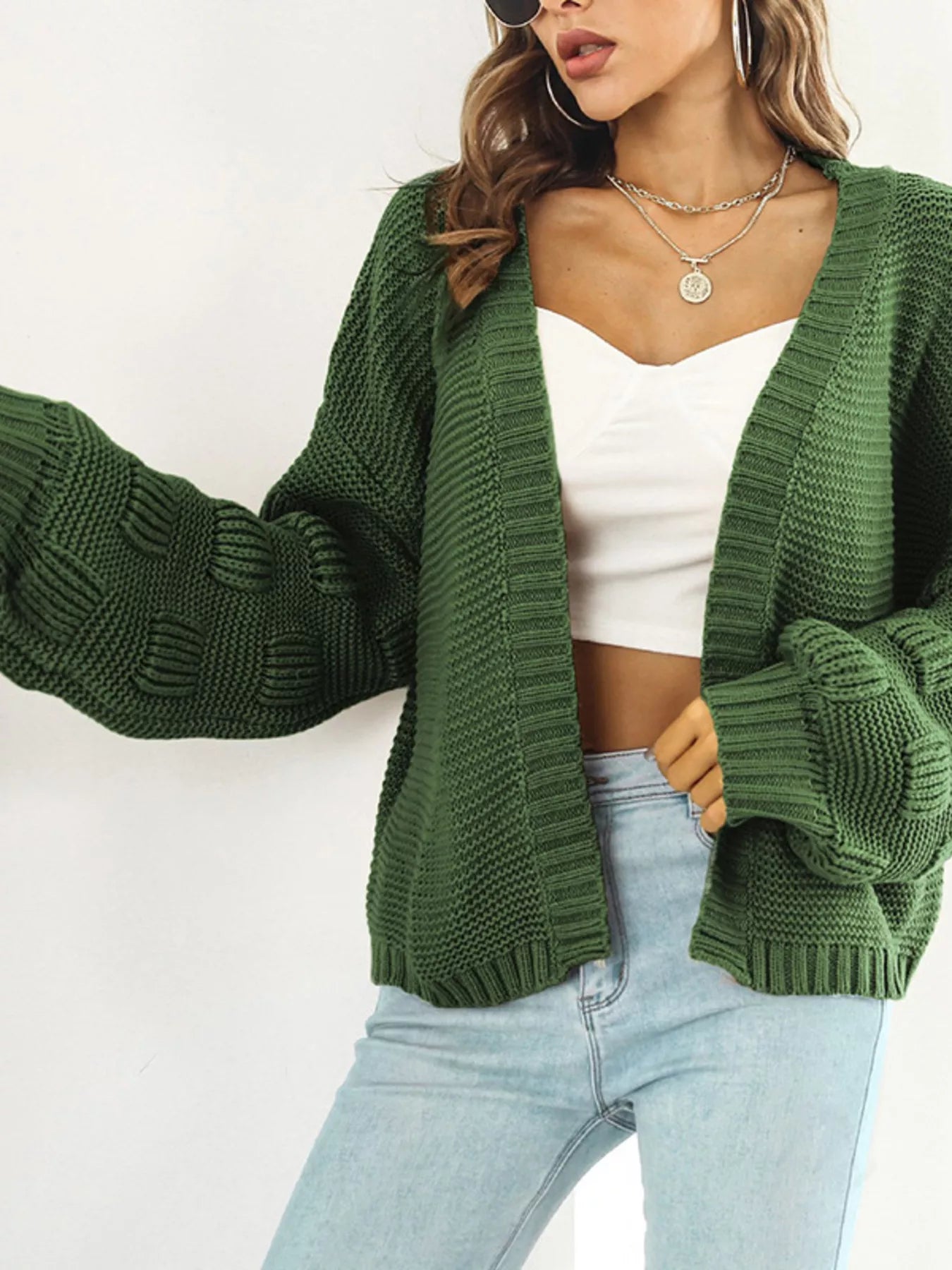 Chunky Knit Open Front Cardigan in green, featuring ribbed details and slightly stretchy fabric, perfect for cozy everyday style.