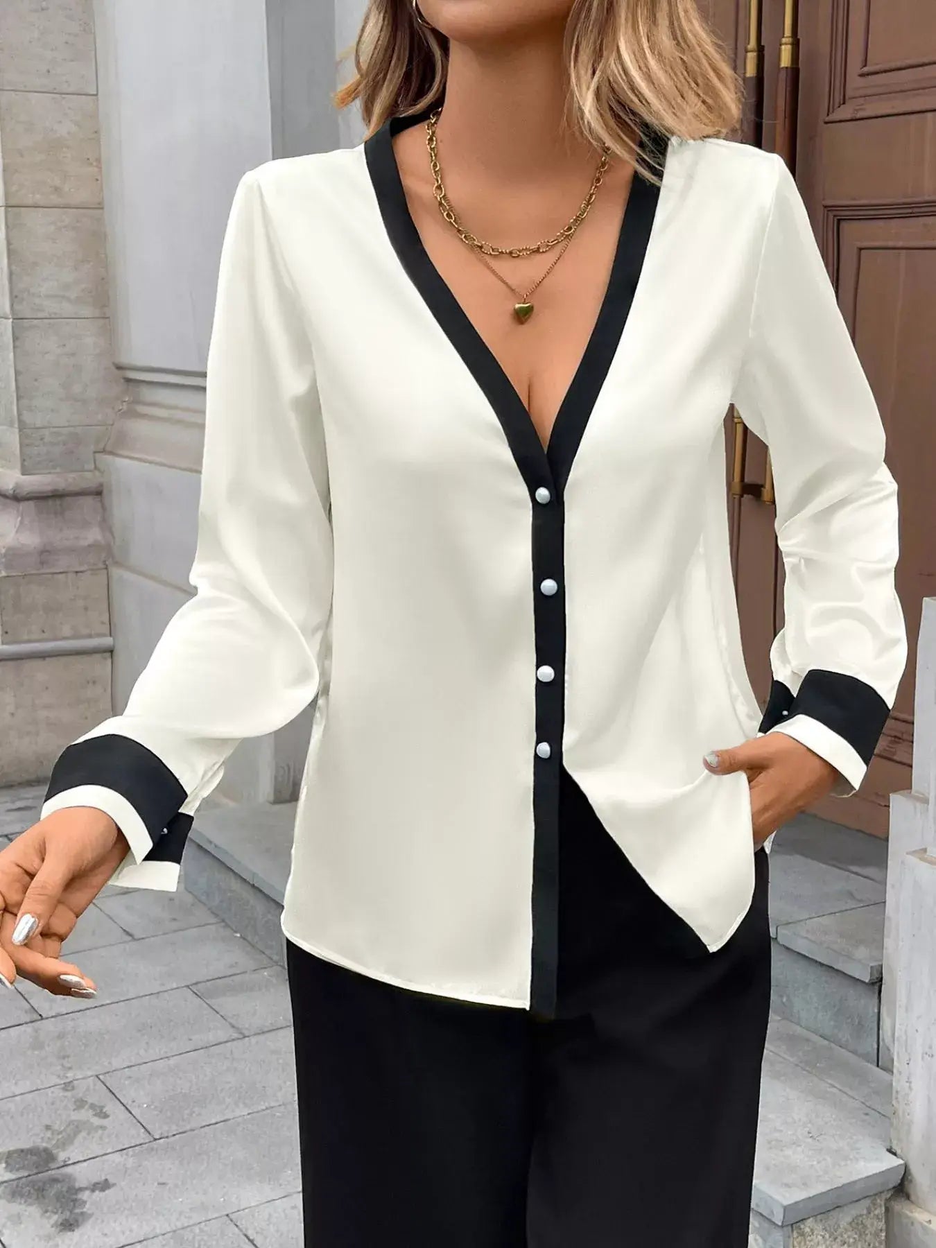 Contrast Trim V-Neck Blouse in white with black trim, featuring a V-neckline and buttoned design for elegant everyday style.