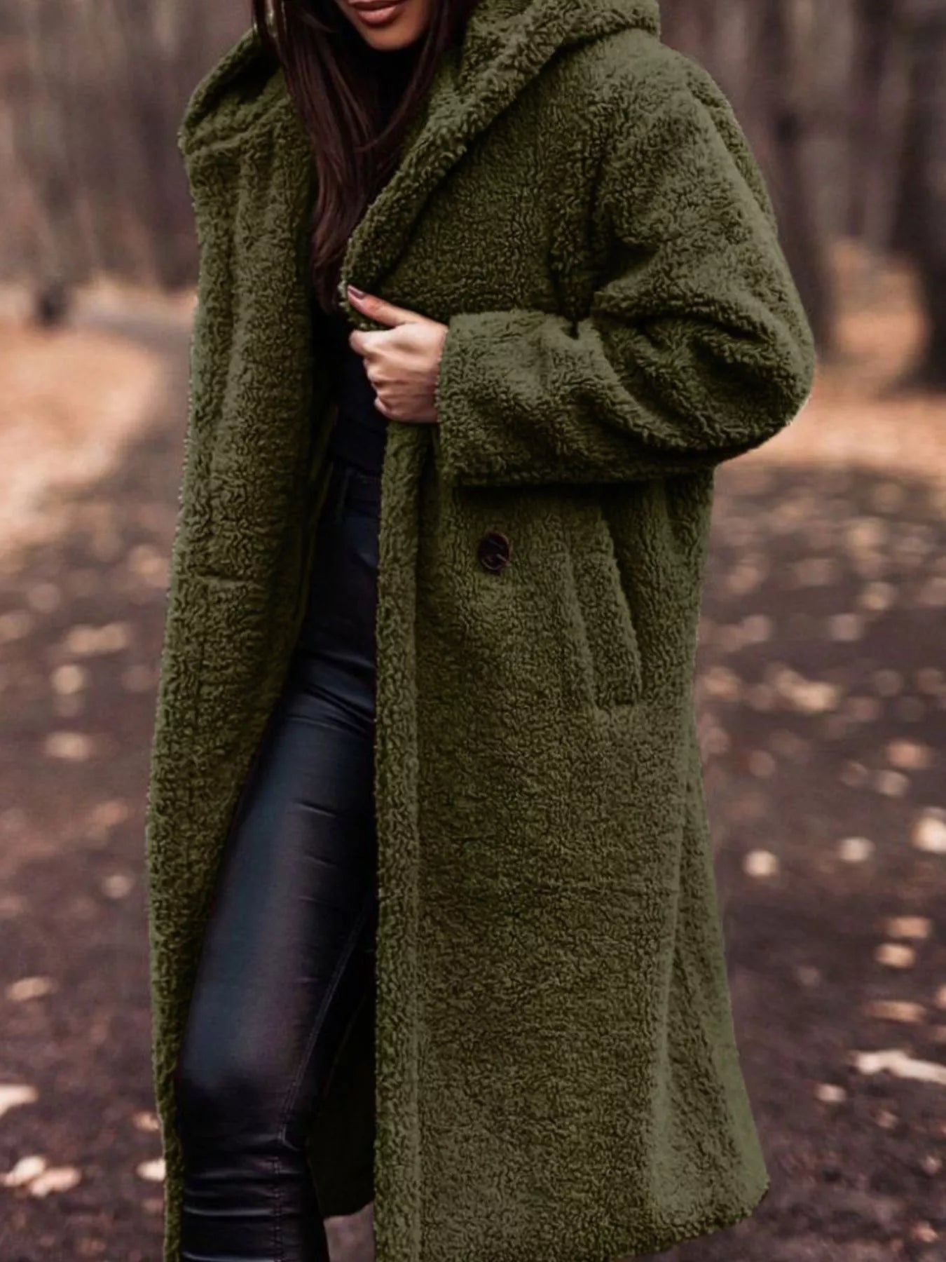 Teddy Bear Hooded Longline Outerwear in green, featuring a cozy oversized design, perfect for everyday style.