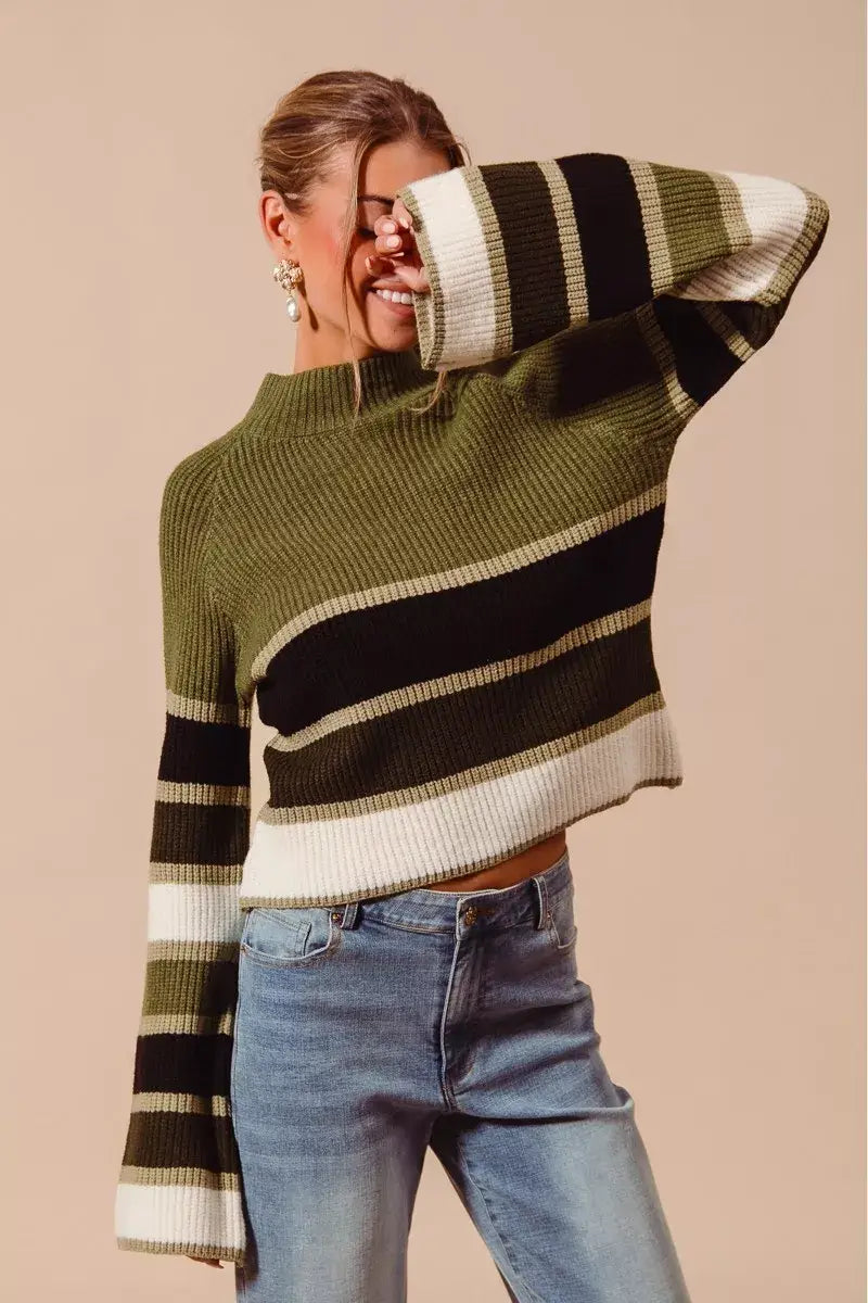 SO ME multi color striped mock neck sweater featuring vibrant stripes, soft recycled-polyester blend, and modern chic style.