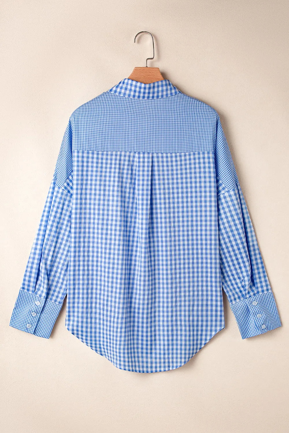 Plaid Button Up Long Sleeve Shirt back view in blue and white check pattern, designed for casual everyday style.