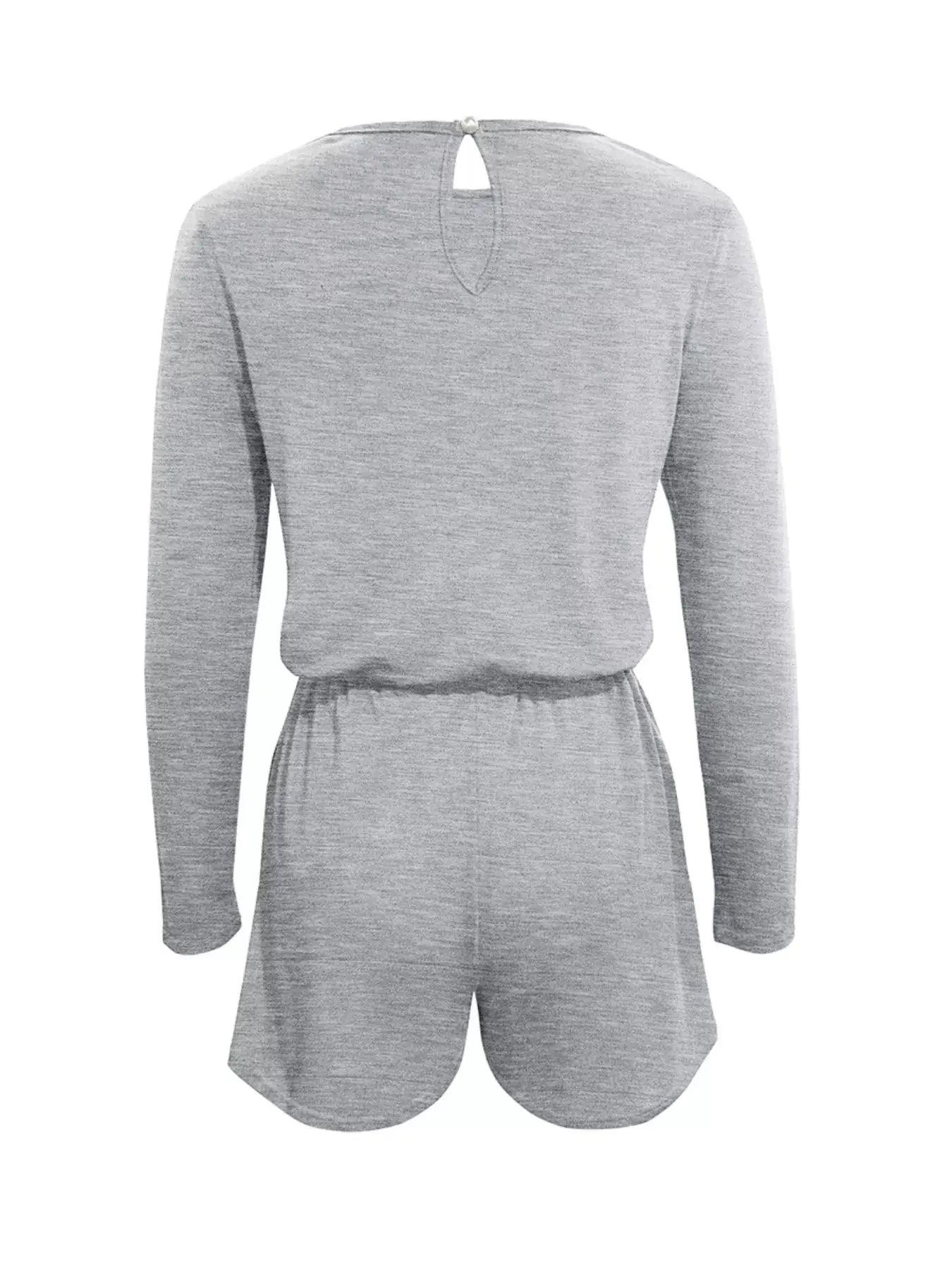 Back view of Long Sleeve Drawstring Romper in gray with a drawstring waist and button closure.