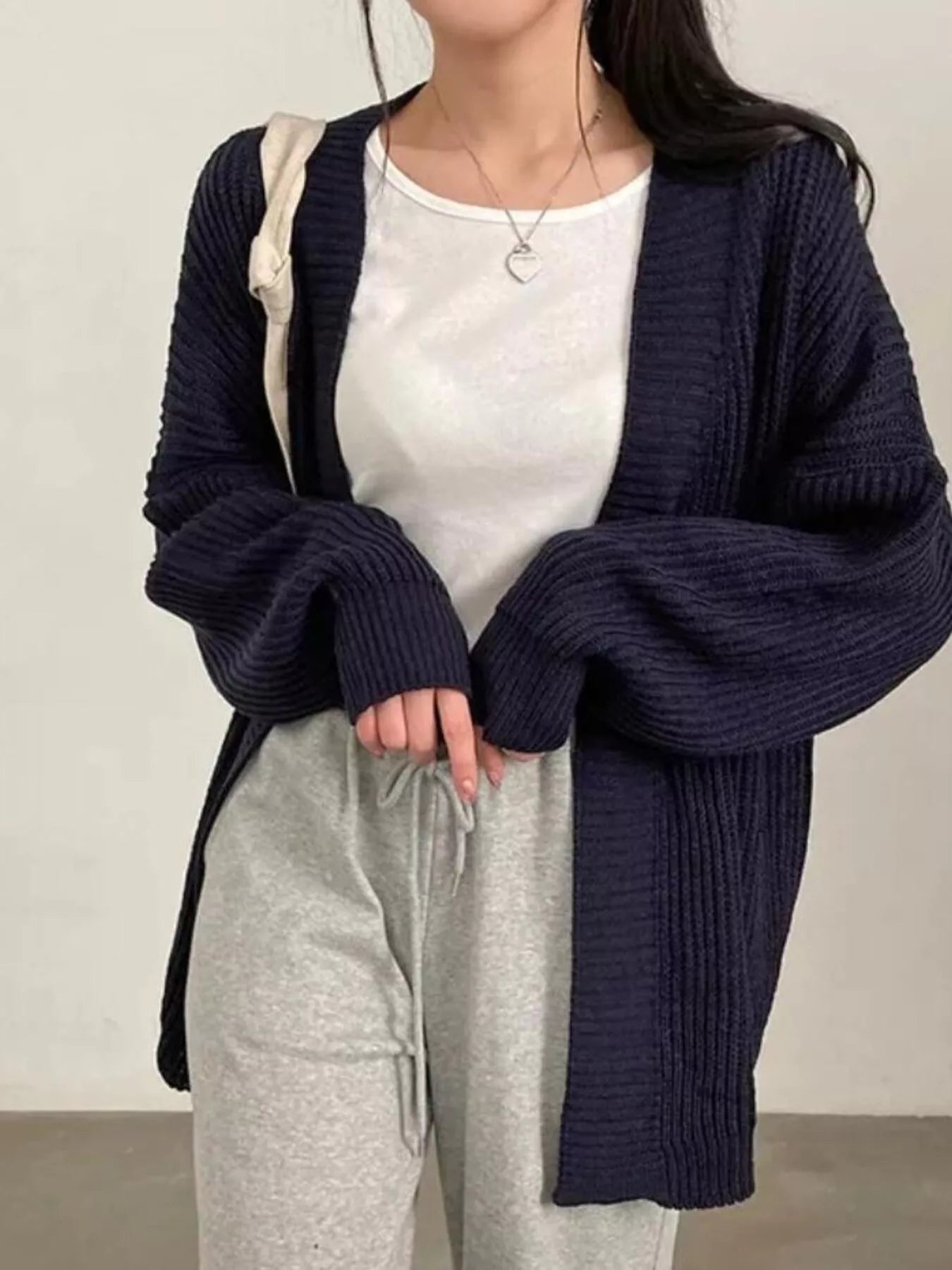 Open Front Oversized Knit Cardigan for Women in navy worn with comfy gray sweatpants.