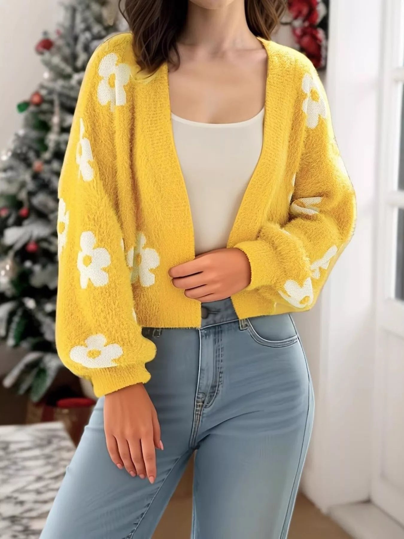 Floral Open Front Cardigan for Women in yellow with white flowers, ideal for everyday style and slightly stretchy fabric.