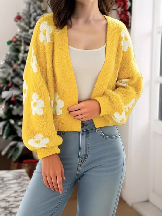 Floral Open Front Cardigan for Women in yellow with white flowers, ideal for everyday style and slightly stretchy fabric.