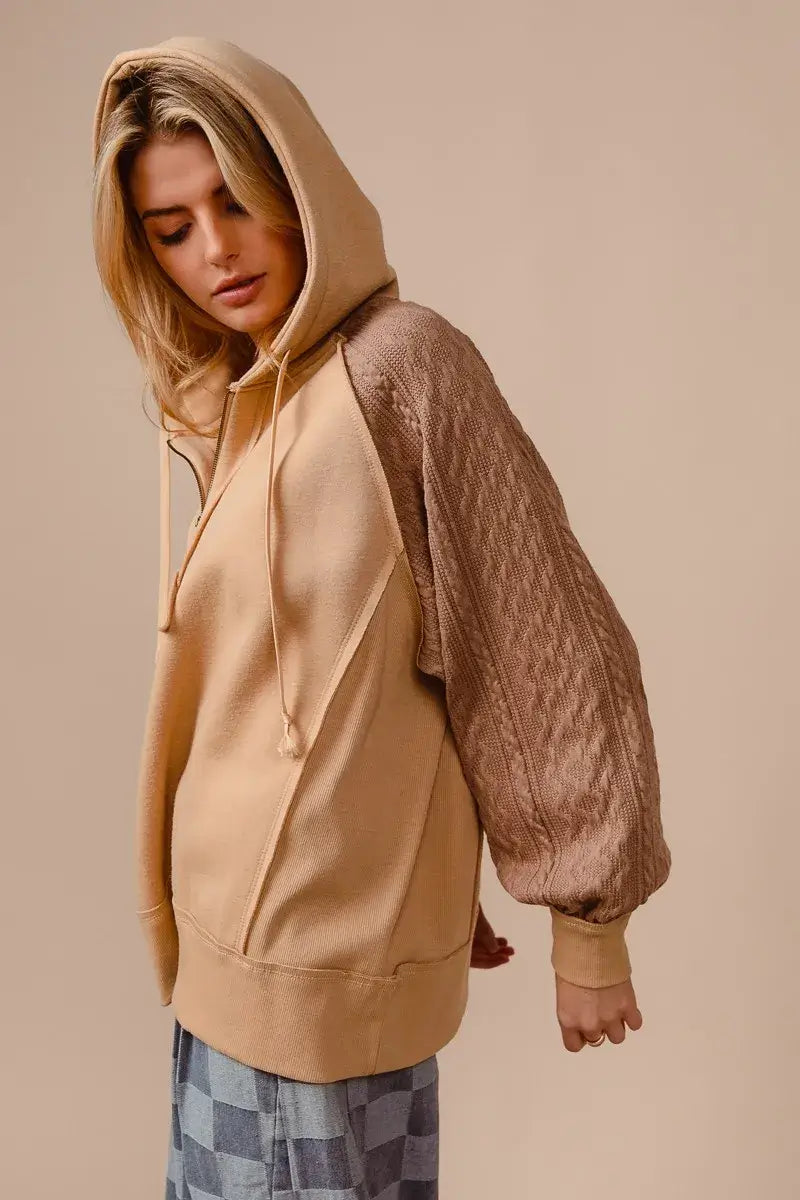 BiBi Half Zip French Terry Hoodie with Knit Sleeves in beige, showcasing cozy and stylish design.