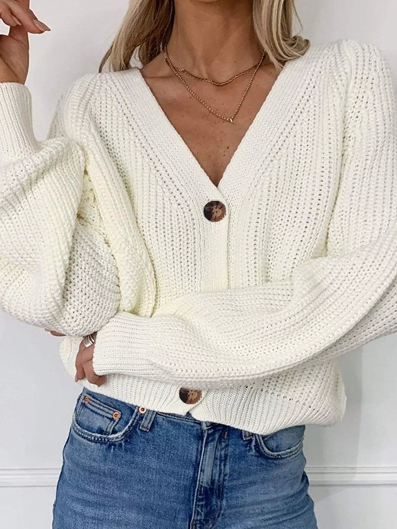 Chunky Knit Button Down Cardigan in cream color with button closure, perfect for cozy, layered style.