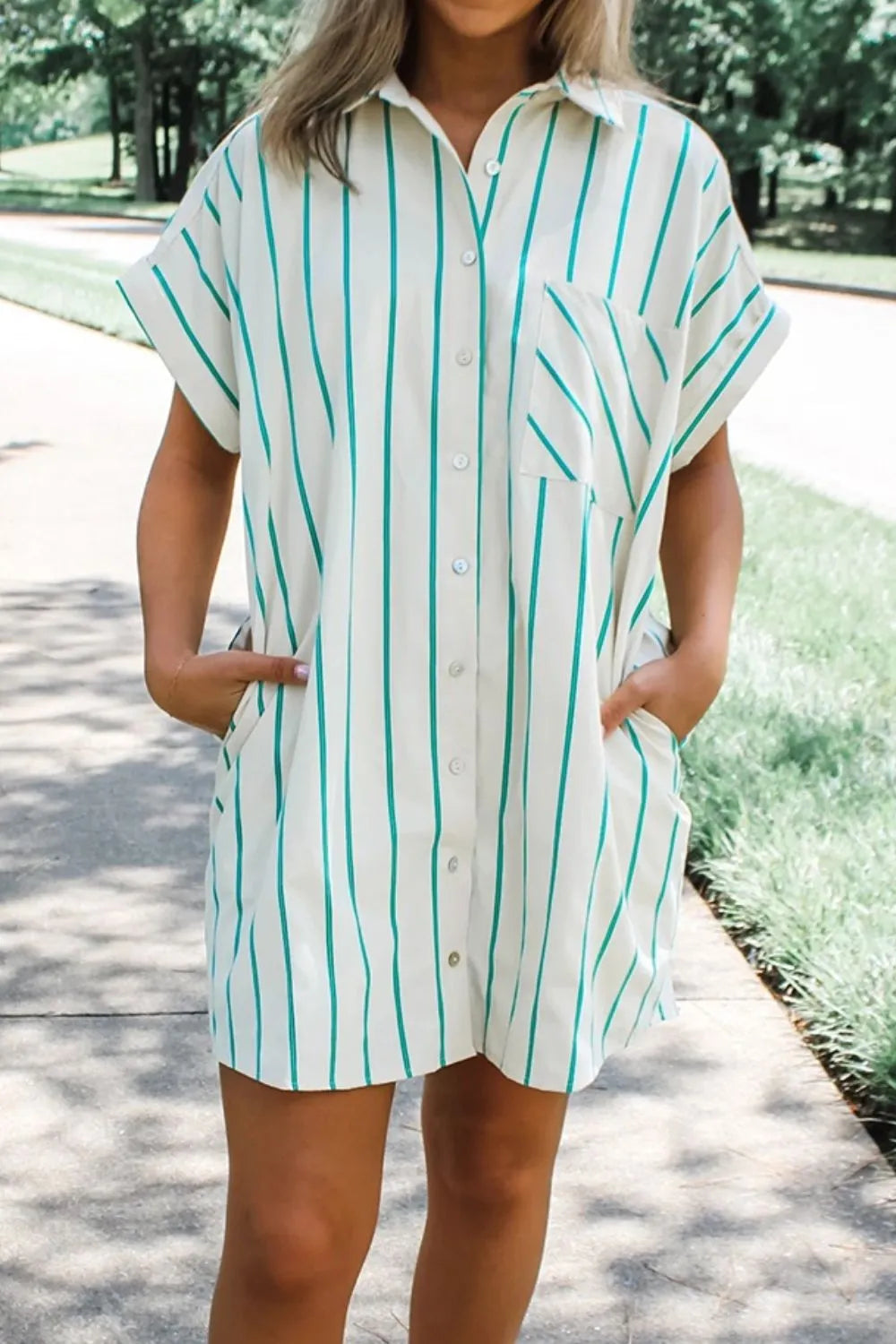 St Patricks Striped Wide Short Sleeve Shift Mini Shirt Dress displayed on a model outdoors, featuring a buttoned front and pockets.