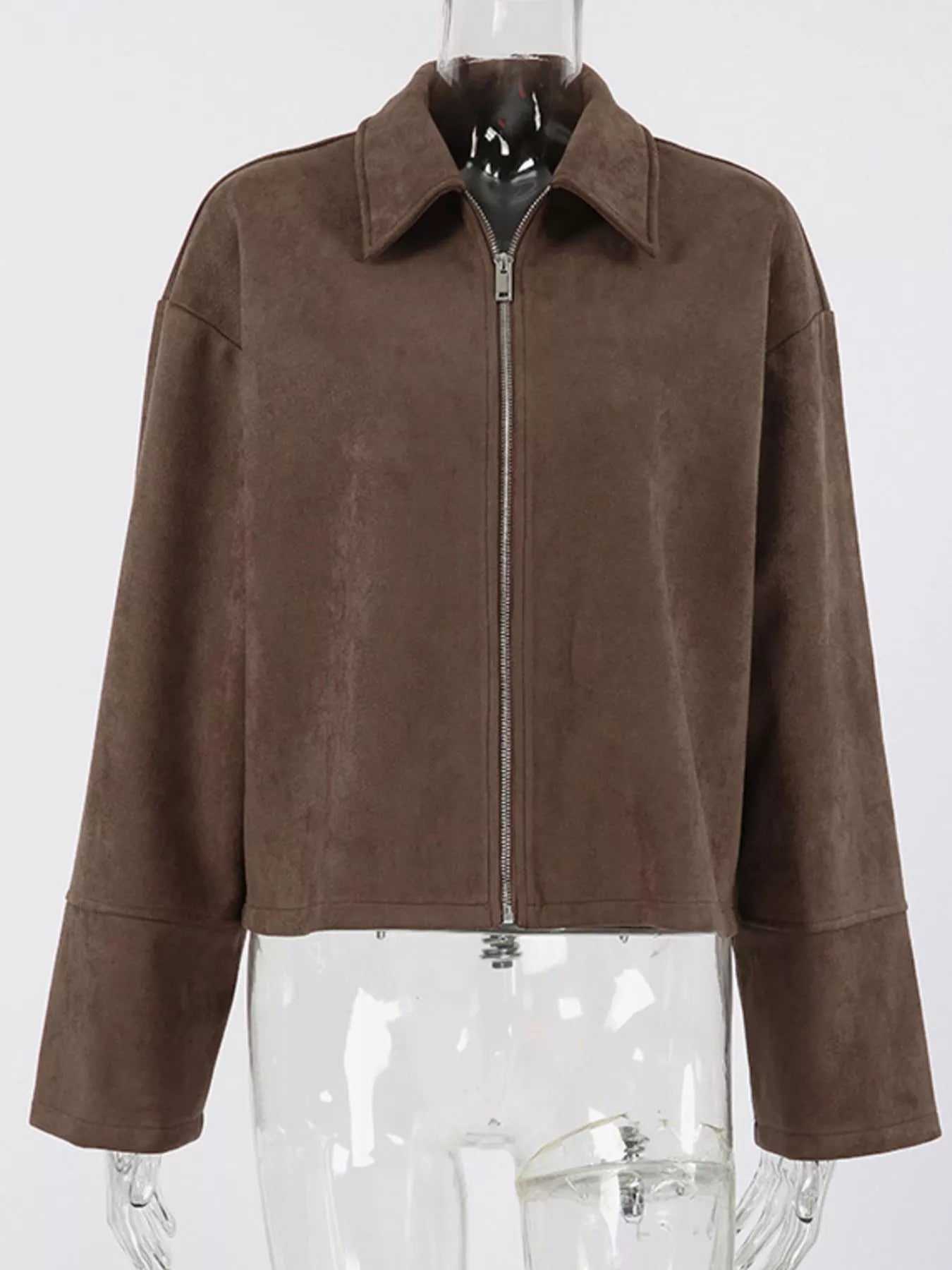 Zip-Up Dropped Shoulder Jacket in brown with a relaxed fit and buttoned design, perfect modern outerwear.