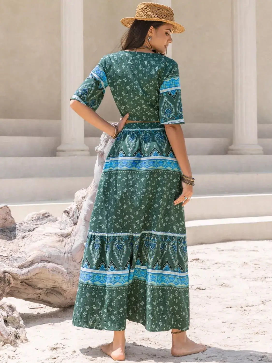 Tie Front Half Sleeve Top and Skirt Set for Women, featuring a long green skirt and half sleeve top with trendy patterns.