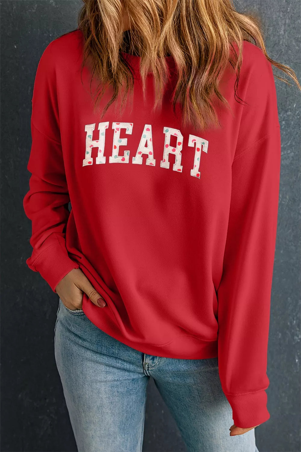 Heart Embroidered Patched Graphic Valentine Sweatshirt in red with white lettering
