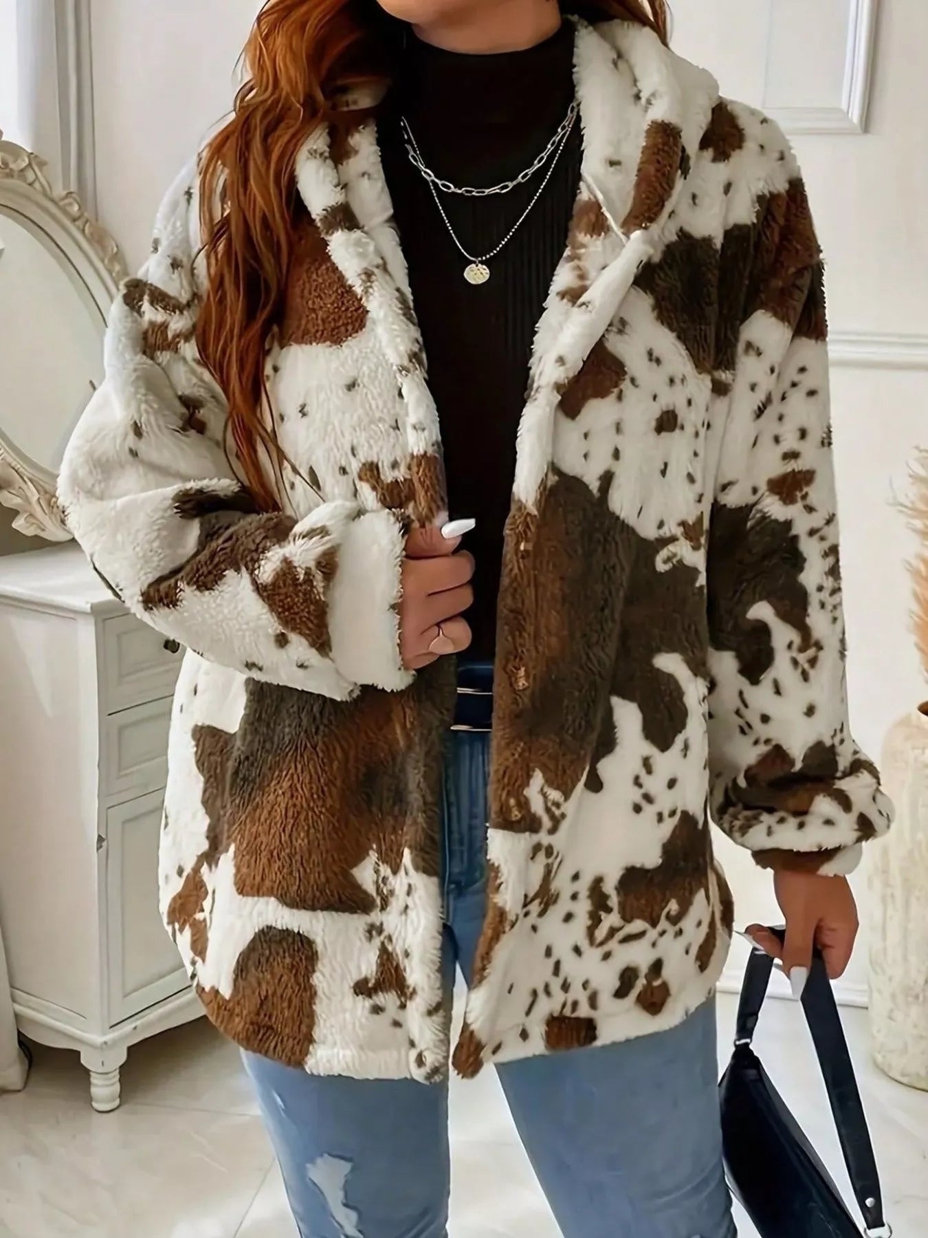 Cow Print Plush Hooded Jacket featuring cozy plush fabric and stylish design, perfect for casual outerwear.