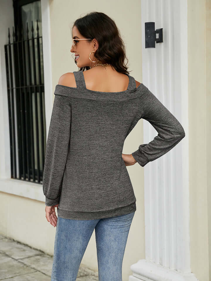 Cold Shoulder Cutout Square Neck Blouse in gray, showcasing trendy cold shoulder design and stylish back view.
