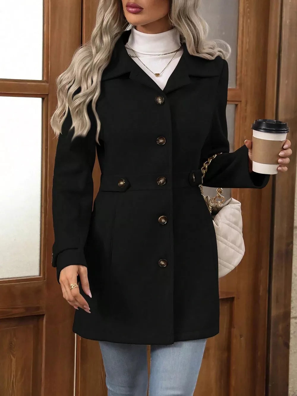 Collared Neck Button Up Coat displayed on a model, featuring buttoned front, pocketed design, and stylish black color.