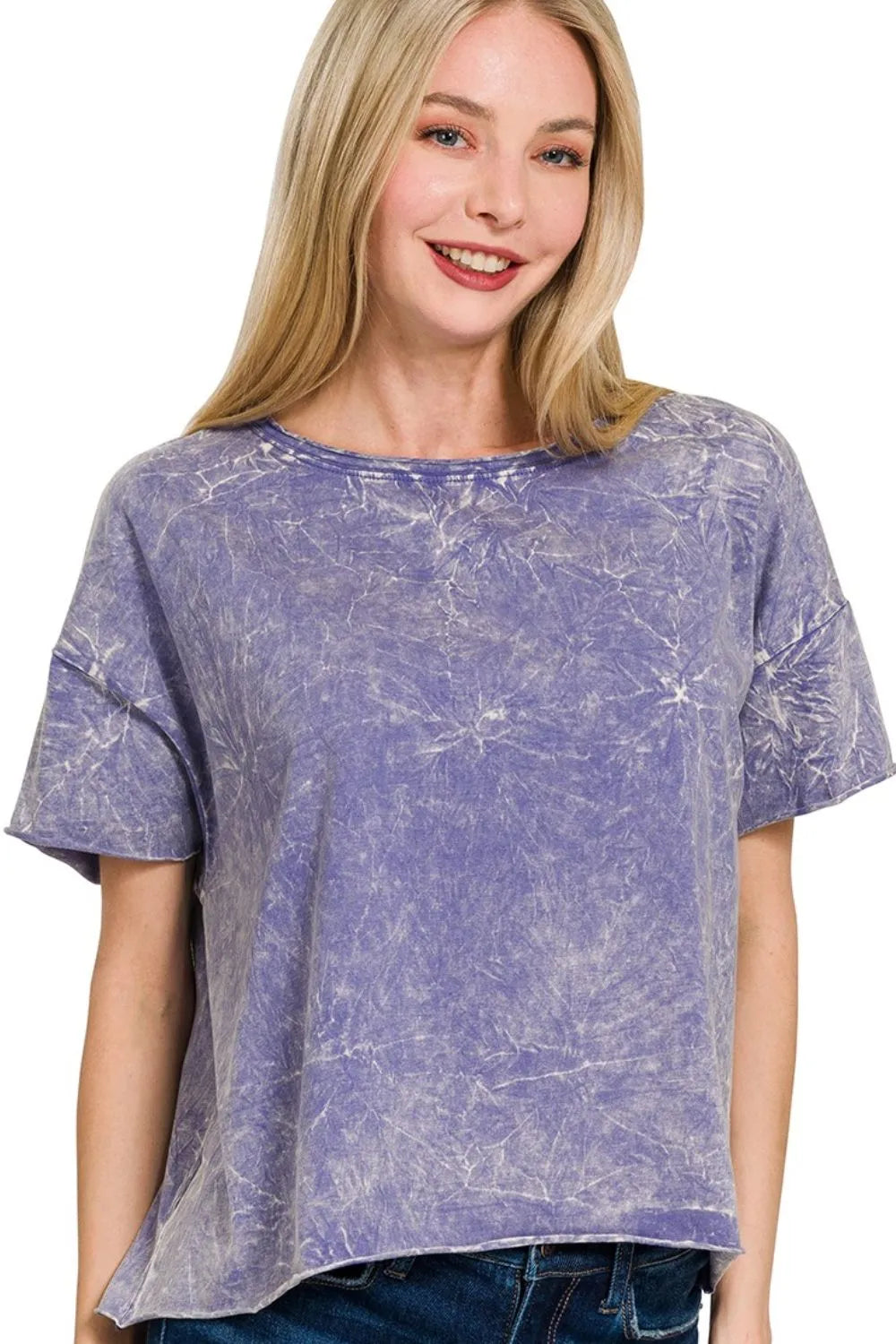 Zenana Washed Crew Neck Short Sleeve Crop Box Tee in purple tie-dye, featuring a relaxed fit and modern silhouette.