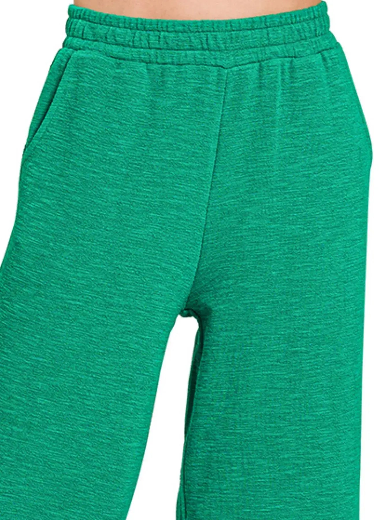 Zenana Cotton Slub Wide Leg Pants in vibrant green color, showcasing a relaxed and stylish design.