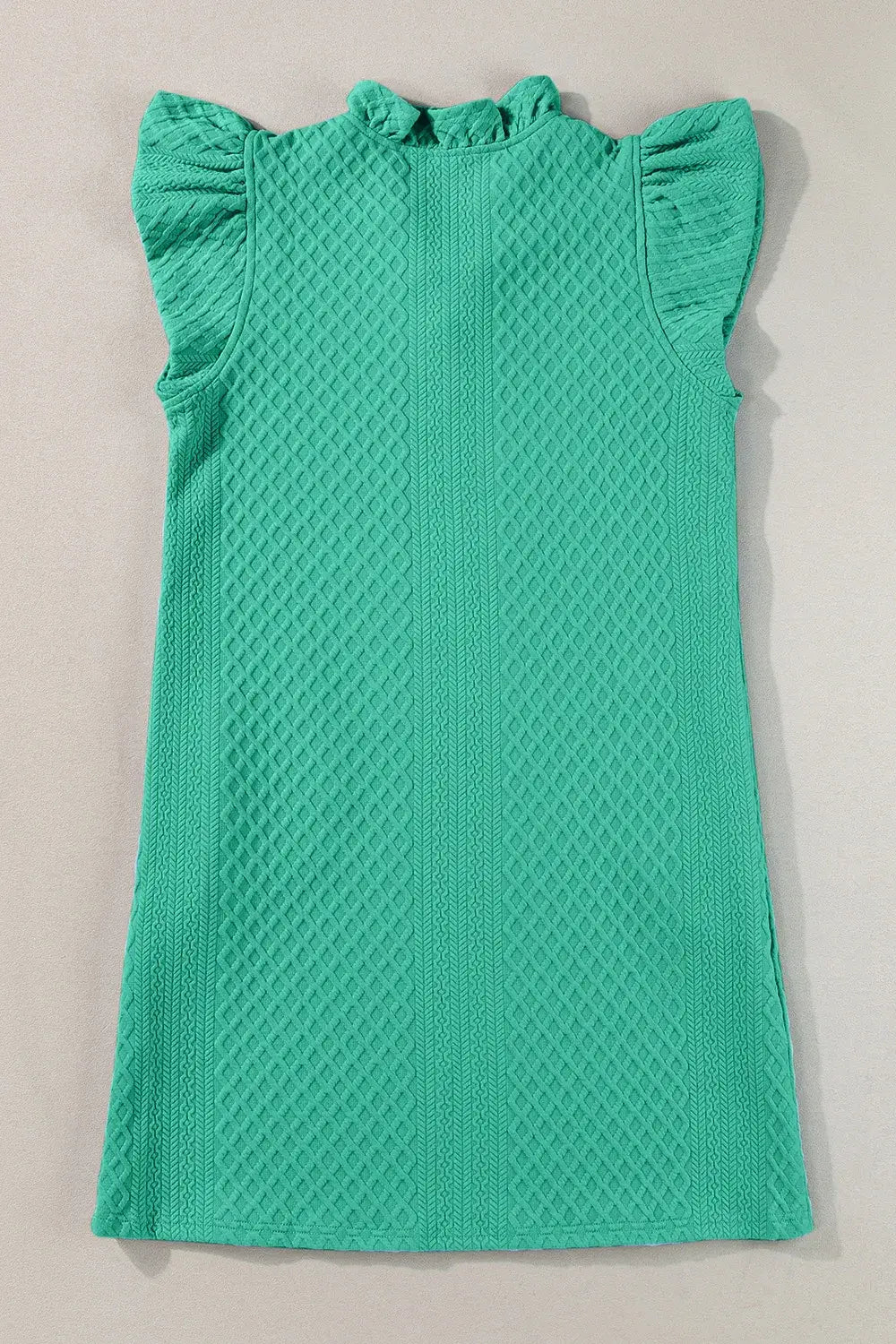 Ruffled V-Neck Cap Sleeve Mini Dress in vibrant green, featuring soft ruffles and textured fabric design.