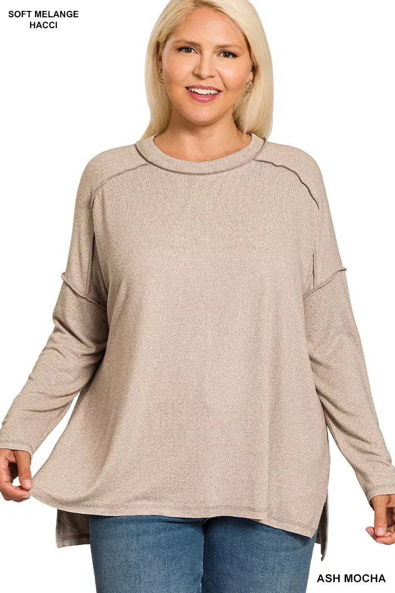 Zenana Full Size Melange Hacci Exposed Seam Hi-Low Tee in ash mocha, showcasing soft fabric and stylish hi-low design.