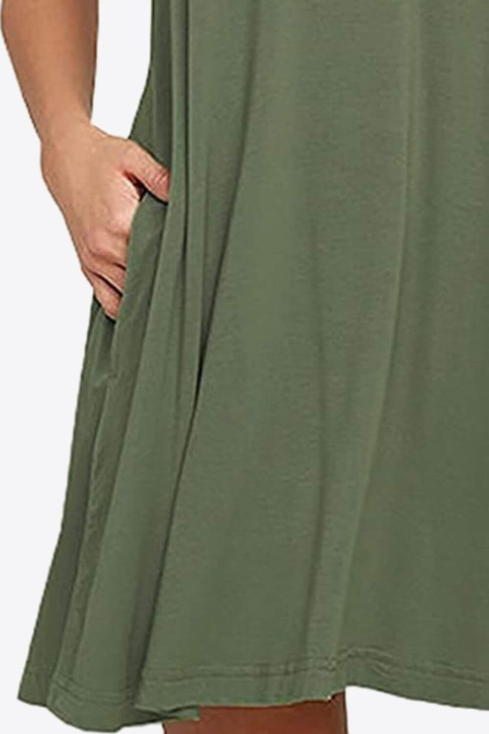Close-up of a full size round neck sleeveless dress in olive green, showcasing the side pocket feature.