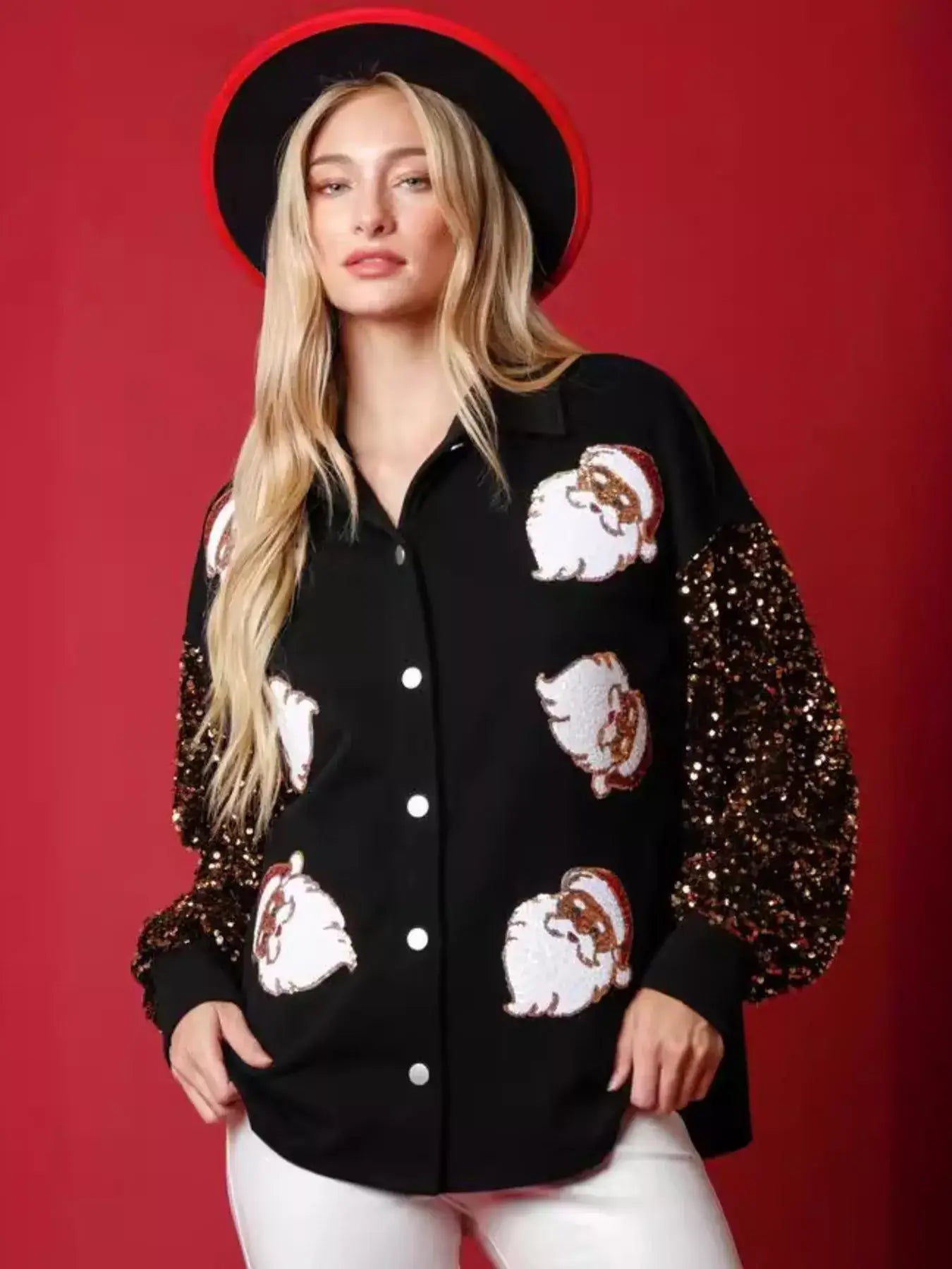 Christmas Santa Sequin Long Sleeve Shirt with festive Santa graphics and sequin details.