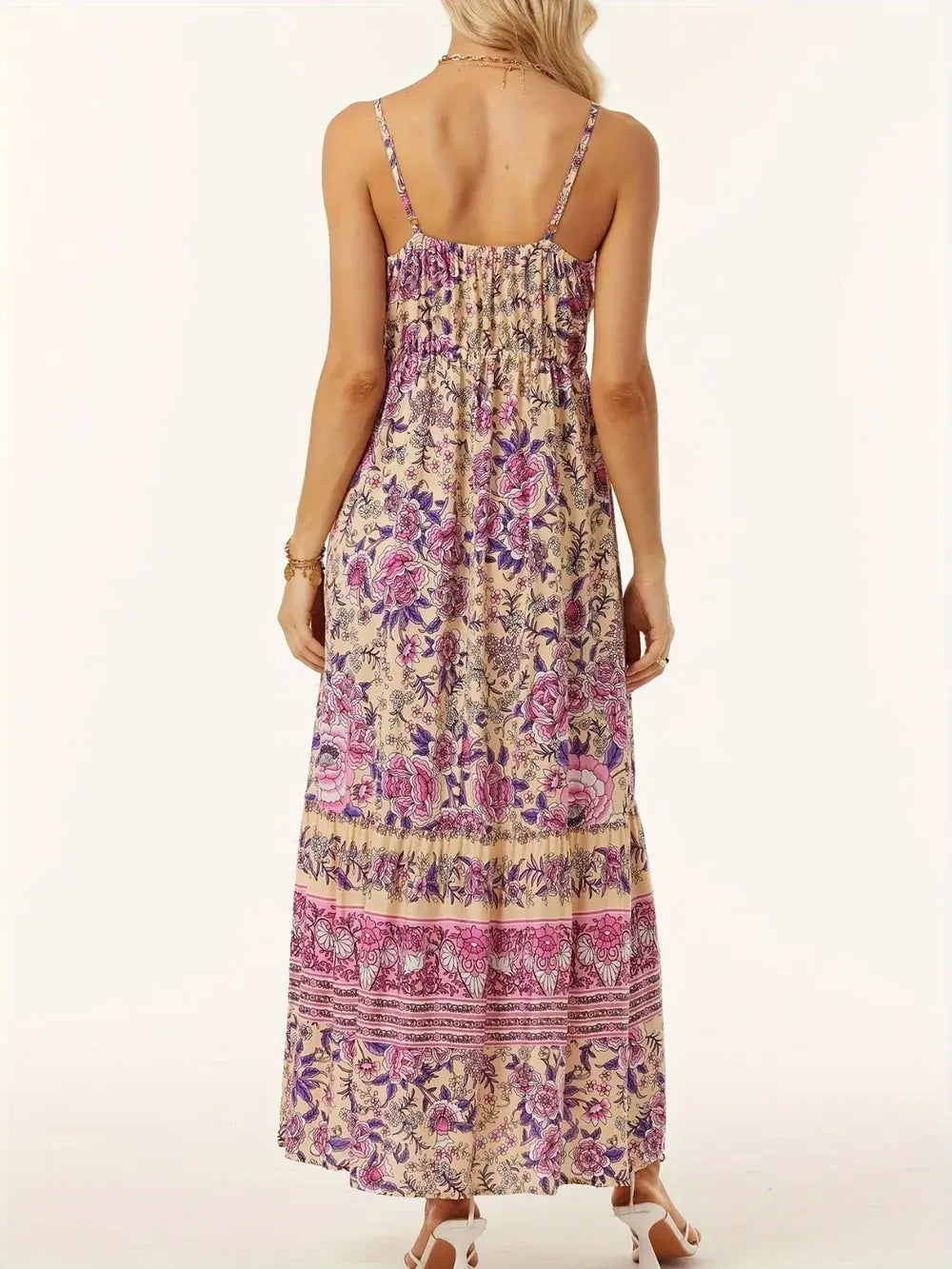 Back view of Printed Scoop Neck Midi Cami Dress showcasing its floral pattern and flattering fit.