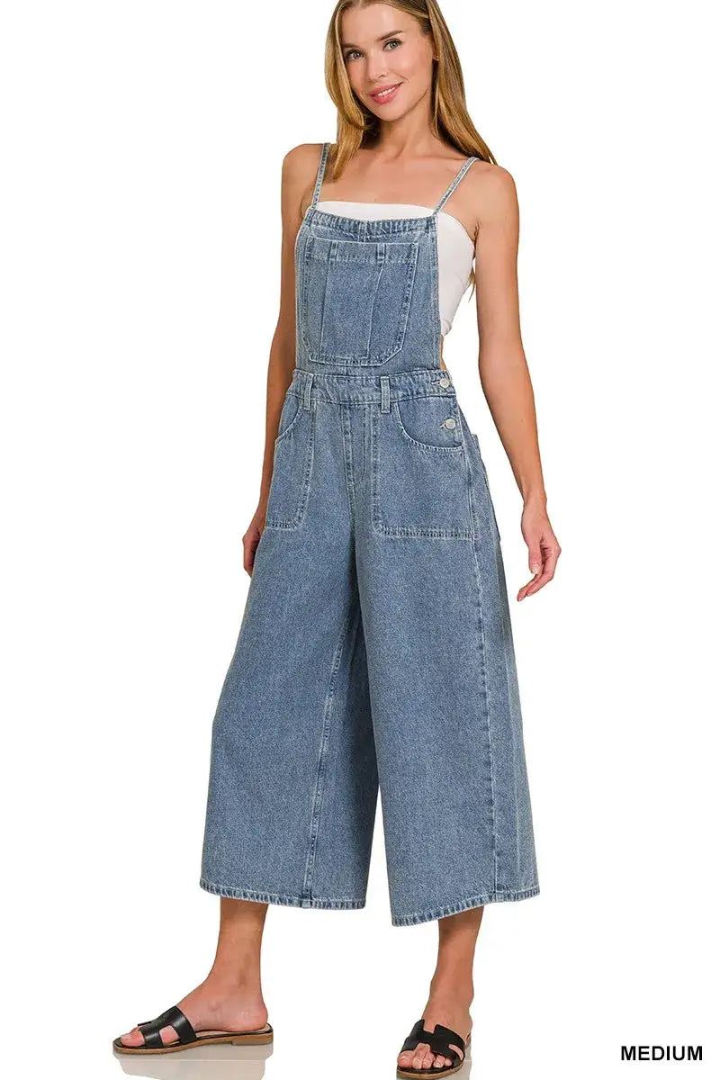 Model wearing Zenana Denim Wide Leg Overalls in medium wash, showcasing a relaxed fit and casual style.