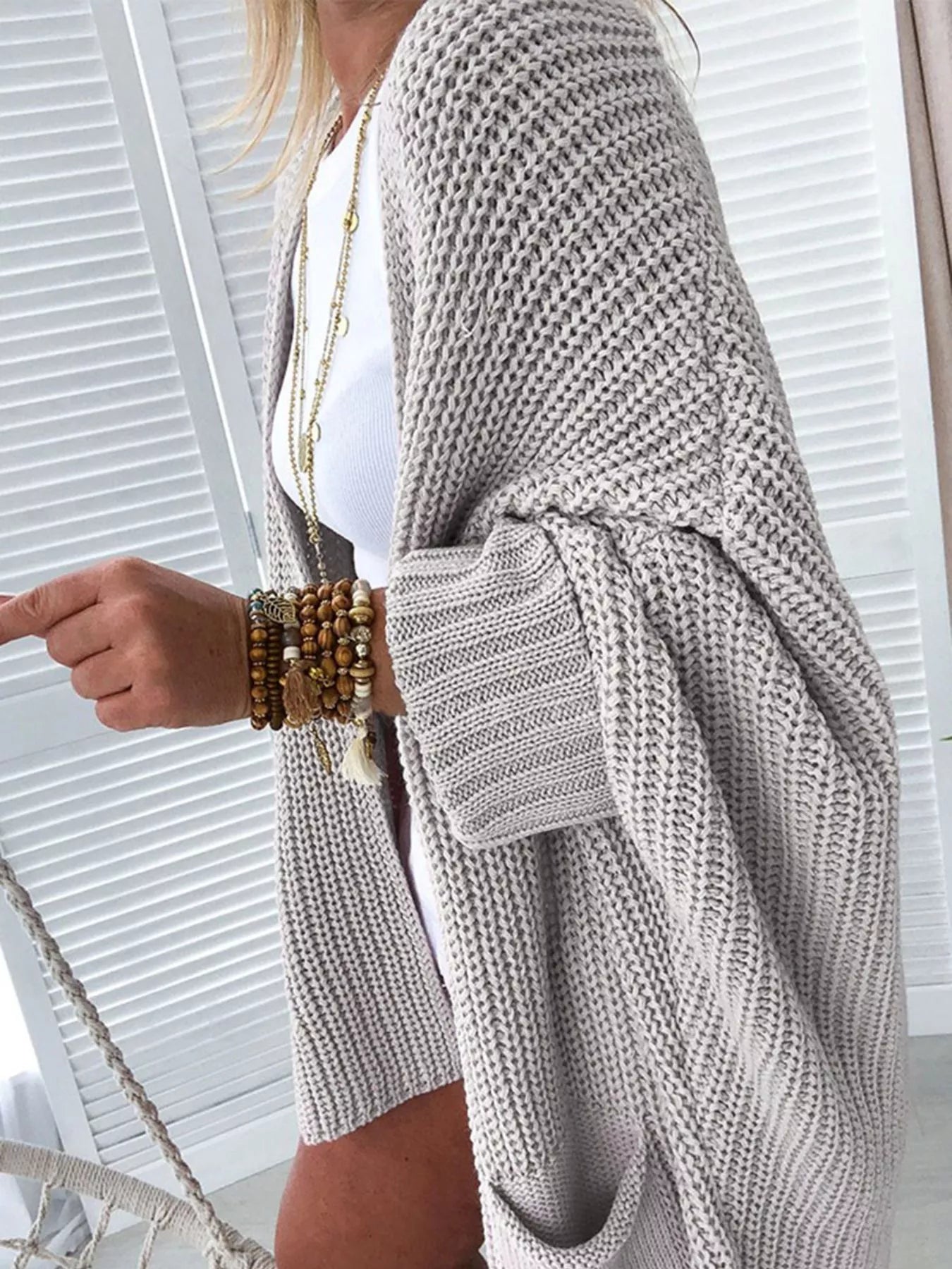 Oversized Fold Over Sleeve Open Front Cardigan for Women in light gray, featuring a cozy knit design and long sleeves.