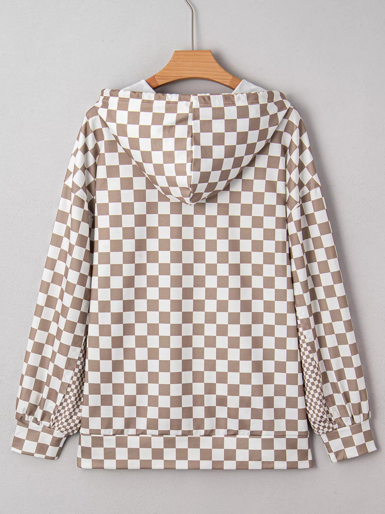 Checkered Pattern Oversized Drawstring Hoodie showing the back view with a brown and white pattern