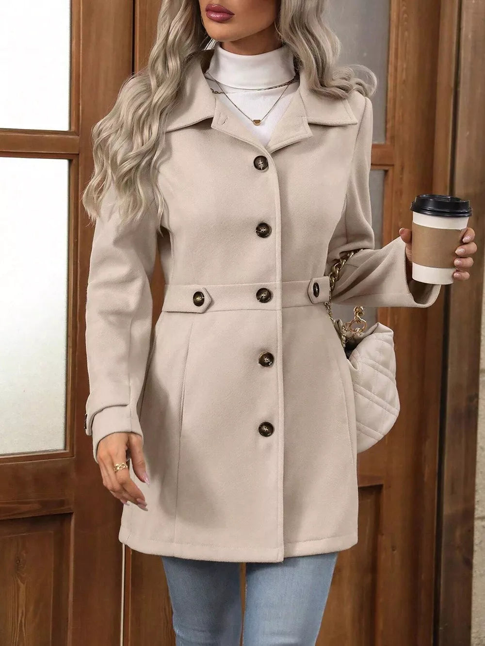 Collared Neck Button Up Coat in beige with buttons and pockets, worn by a woman holding a coffee cup.