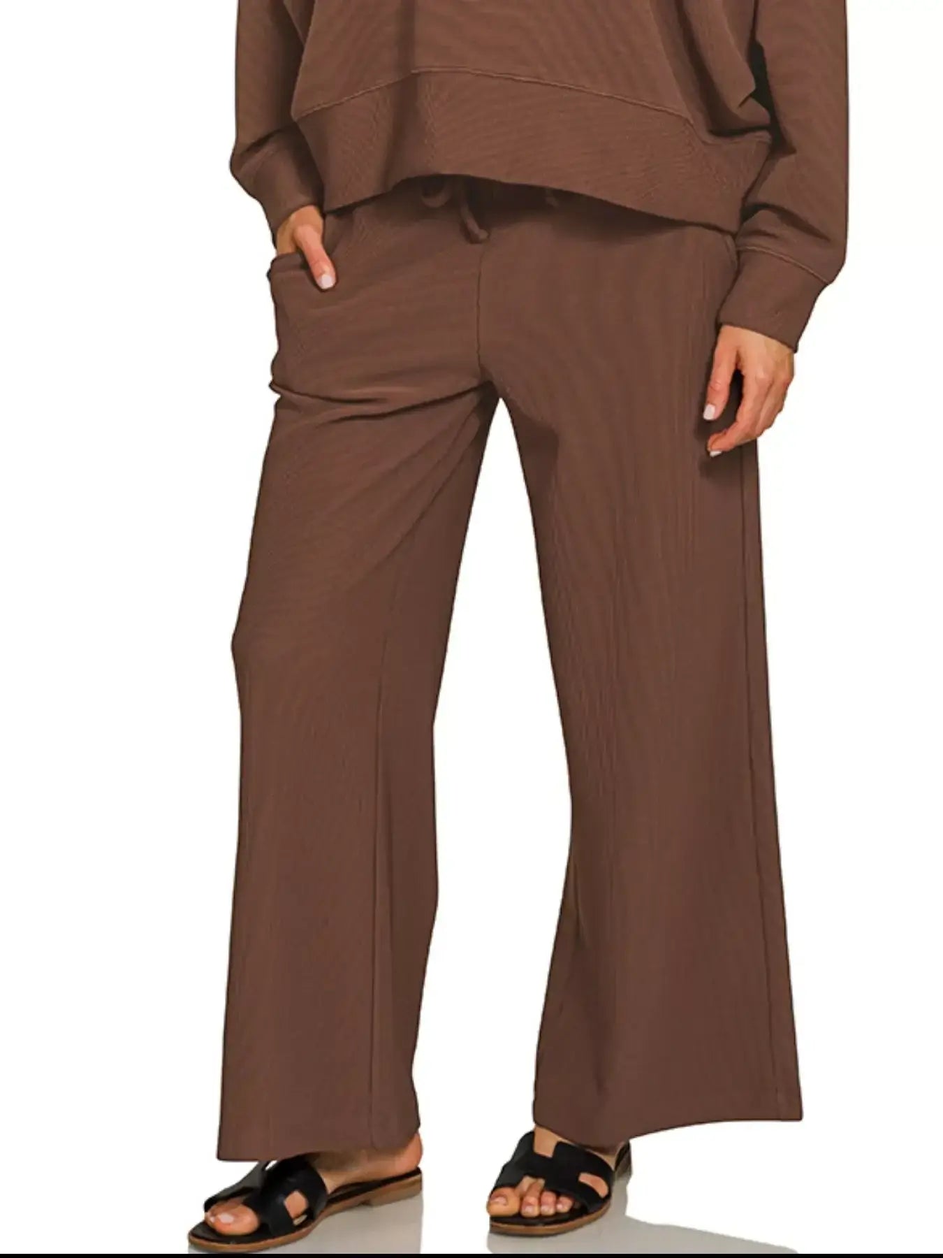 Zenana Ribbed Round Neck Pullover and Drawstring Pants Set for Women, featuring stylish pants with pockets.