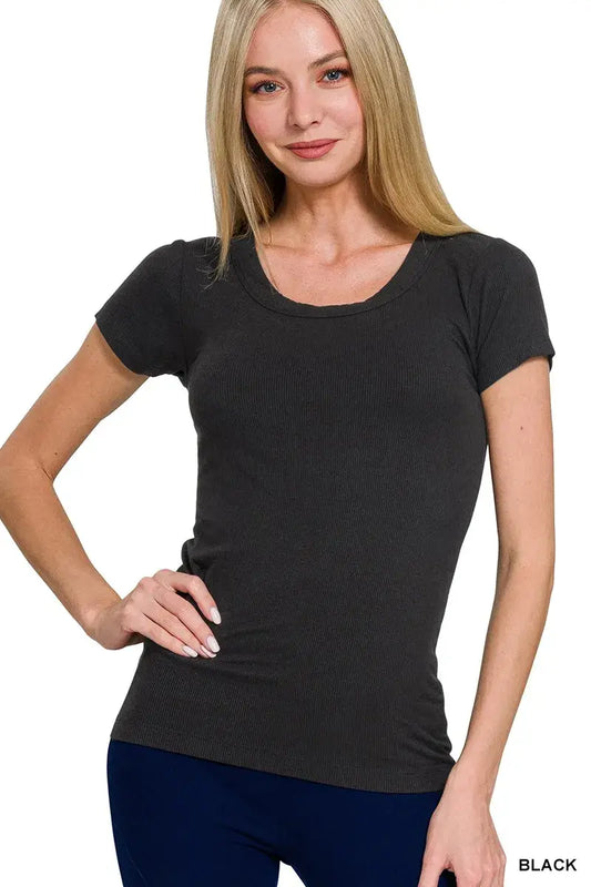 Model wearing Zenana ribbed round neck short sleeve t-shirt in black, showcasing a form-fitted and comfortable style.