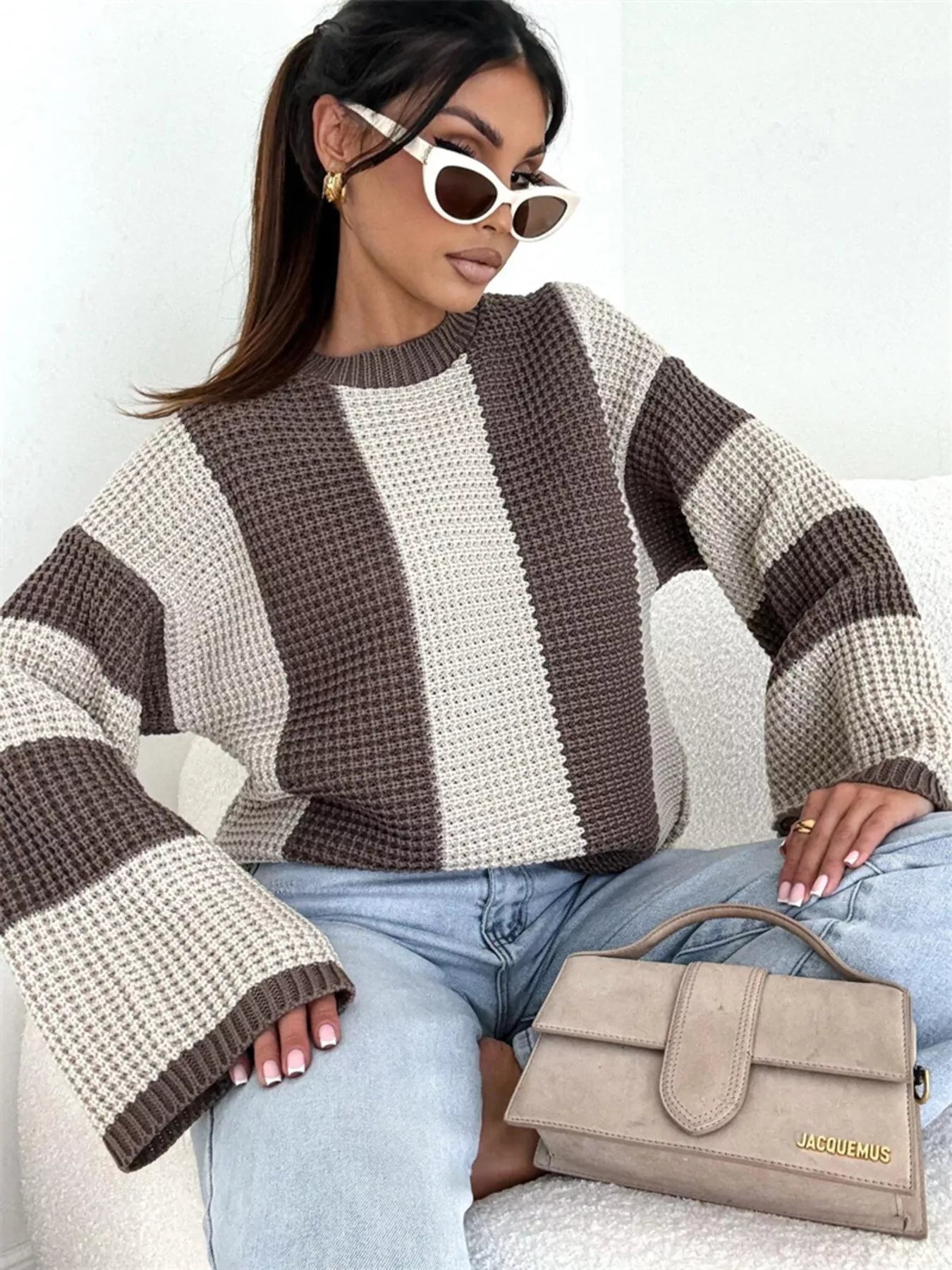 Color Block Long Sleeve Sweater in oversized knit style with shades of brown and beige, paired with stylish accessories.