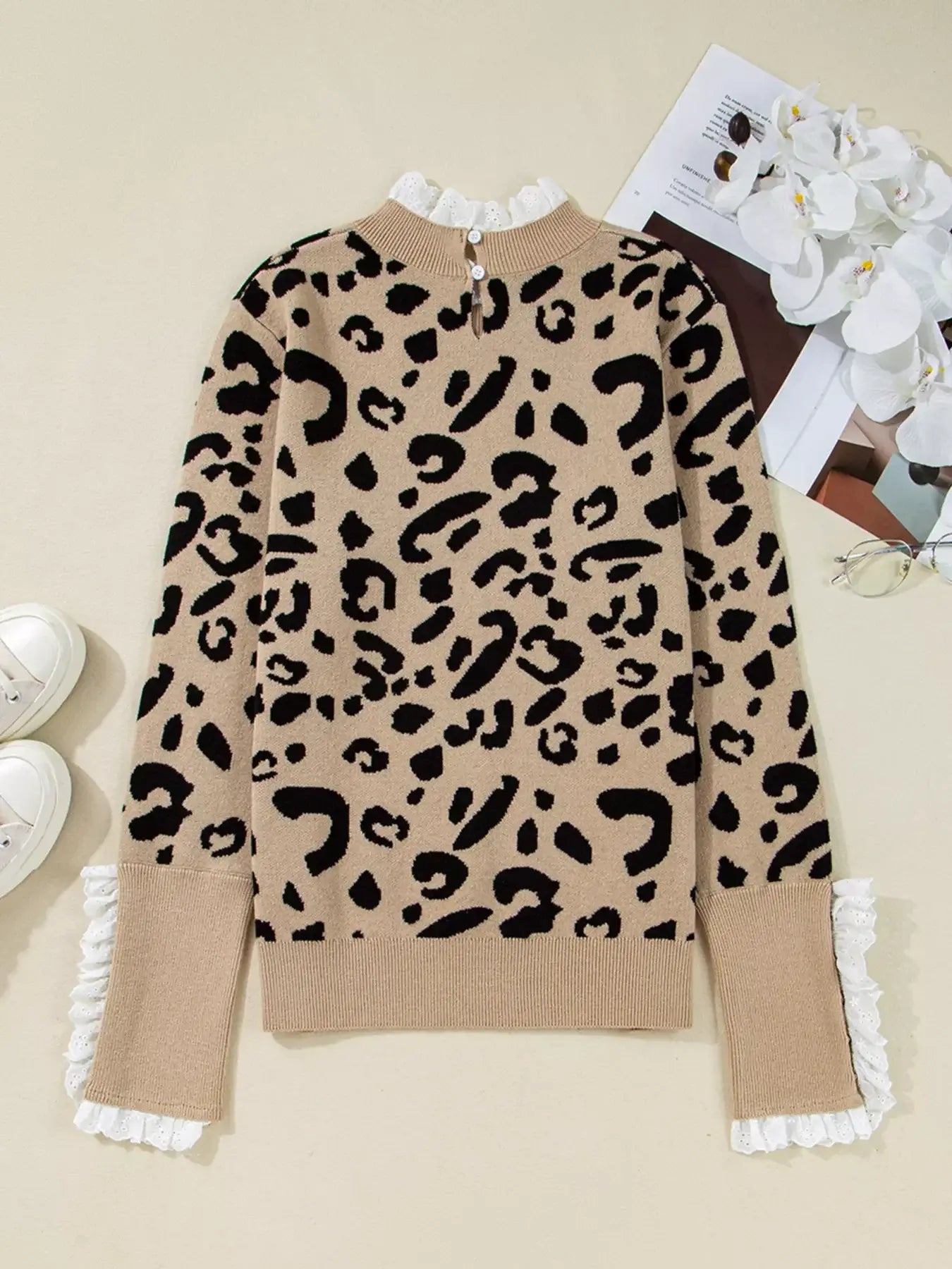 Leopard Pattern Lace Ribbed Detail Button Top featuring bold leopard print and lace accents.