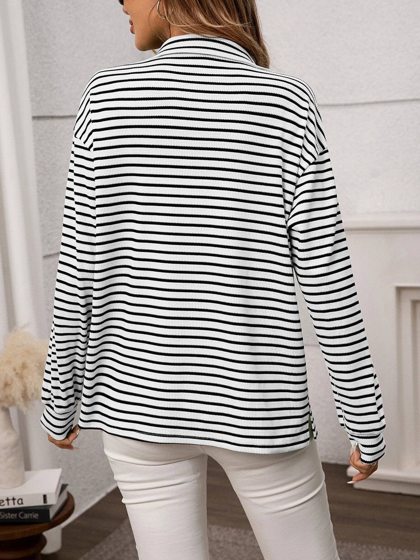 Striped Button Up Long Sleeve Shirt for Everyday Wear, featuring a back view with black and white stripes.