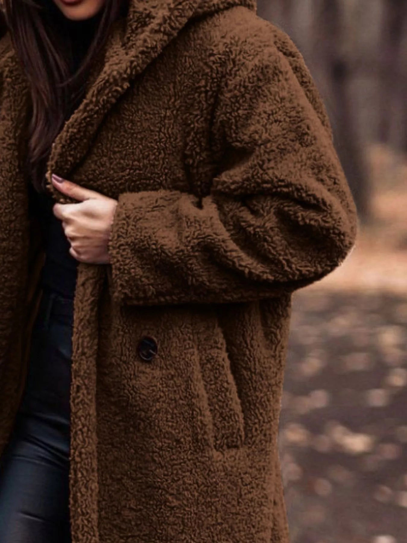 Teddy Bear Hooded Longline Outerwear in brown, featuring a cozy texture with buttons and pockets for stylish comfort.