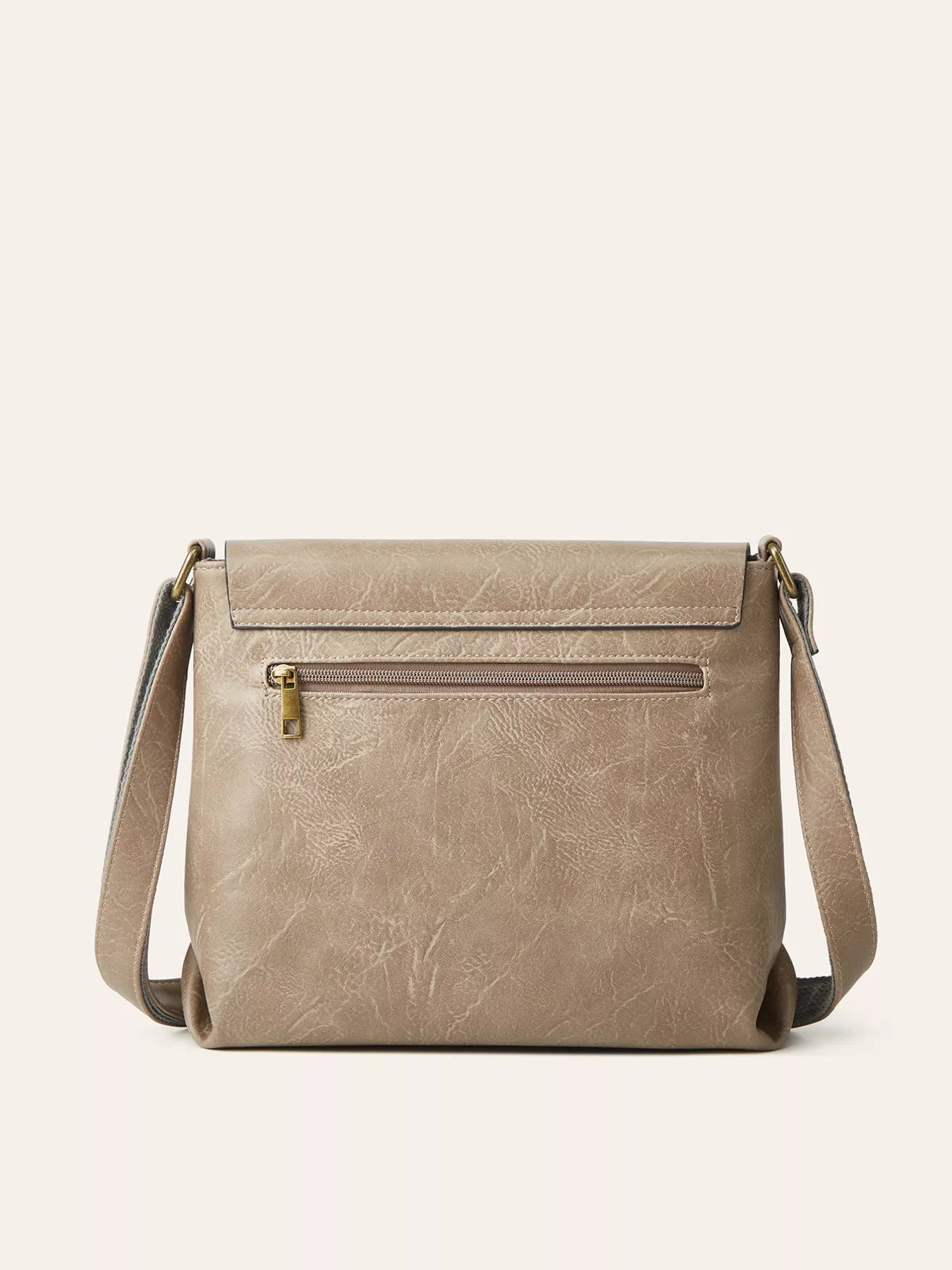 Vintage Buckle Flap Crossbody Bag in beige PU leather with a zippered back pocket and adjustable strap.