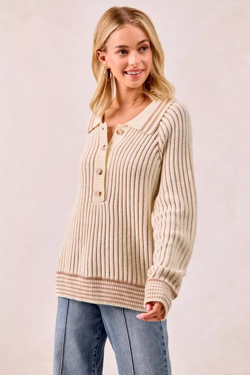 BiBi half button ribbed two tone sweater worn by a model, showcasing textured knit and relaxed fit.